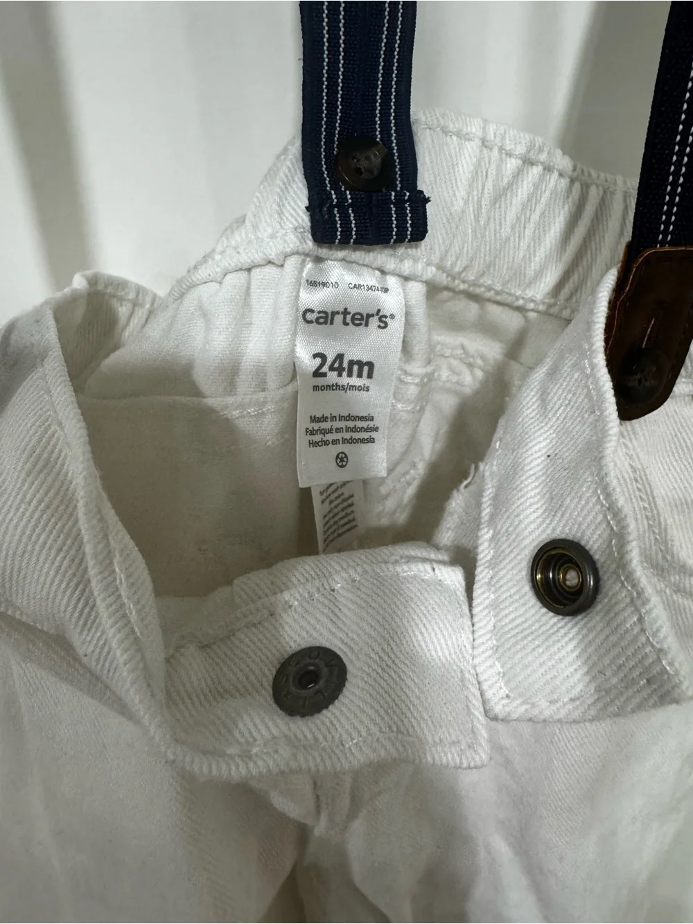 Carters Toddler Boy White Kids Pants with Navy Striped Suspenders 24M